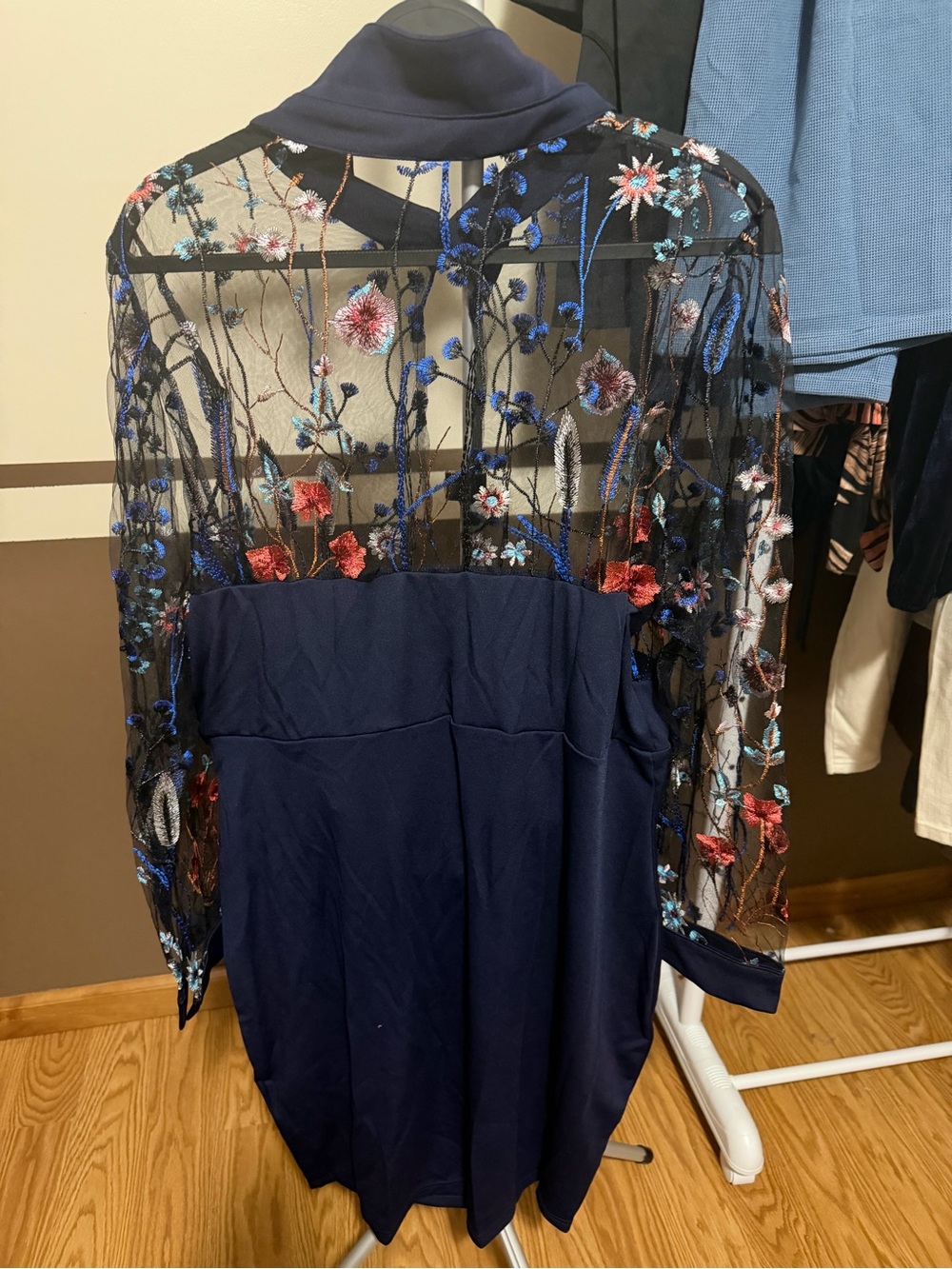 Chic Me Navy Floral Embroidered Mesh Tunic with Sheer Sleeves 3xl